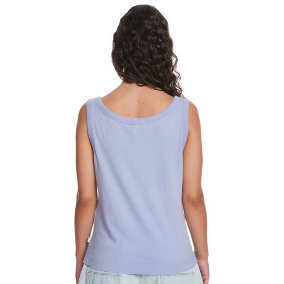 QUIKSILVER Ringer Tank Top Sz S Blue Graphic Logo Print Scoop Neck Cotton Modal - Picture 8 of 13